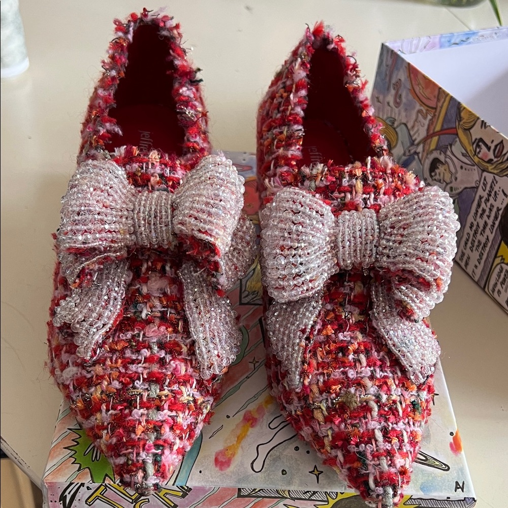 Jeffrey Campbell Red Tweed silver Bow Loafers